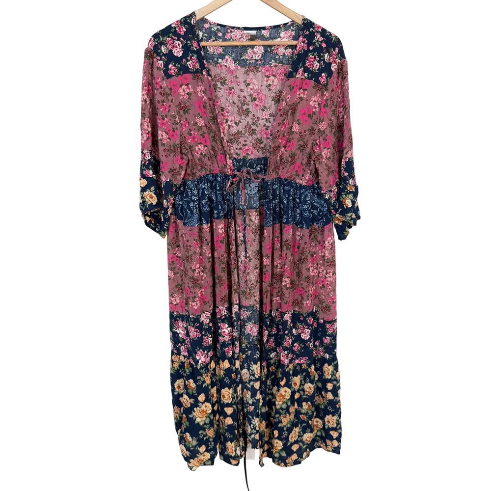 Boho Floral Patchwork Duster L-XL Pink Navy Cover up Tiered Kimono Cardigan